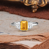 Emerald Cut Baguette Side Stones Citrine Engagement Ring